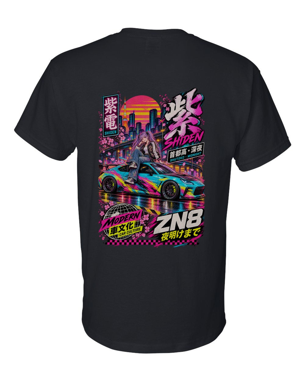 SHIDEN ZN8 full-back artwork black t-shirt back view with the design