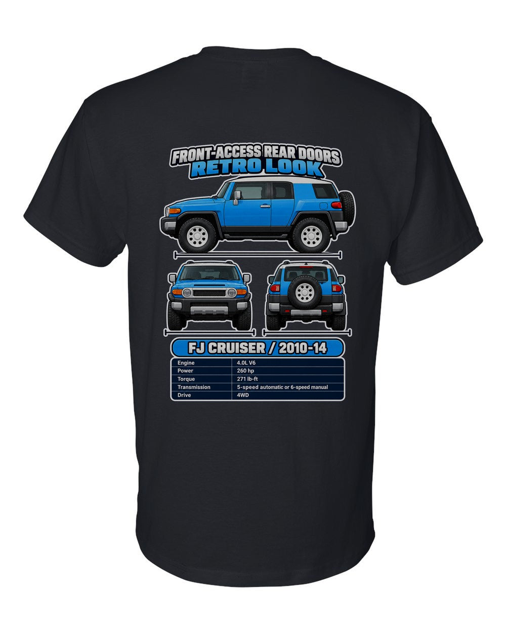 Toyota Fj Cruiser spec sheet black t-shirt back view with the design