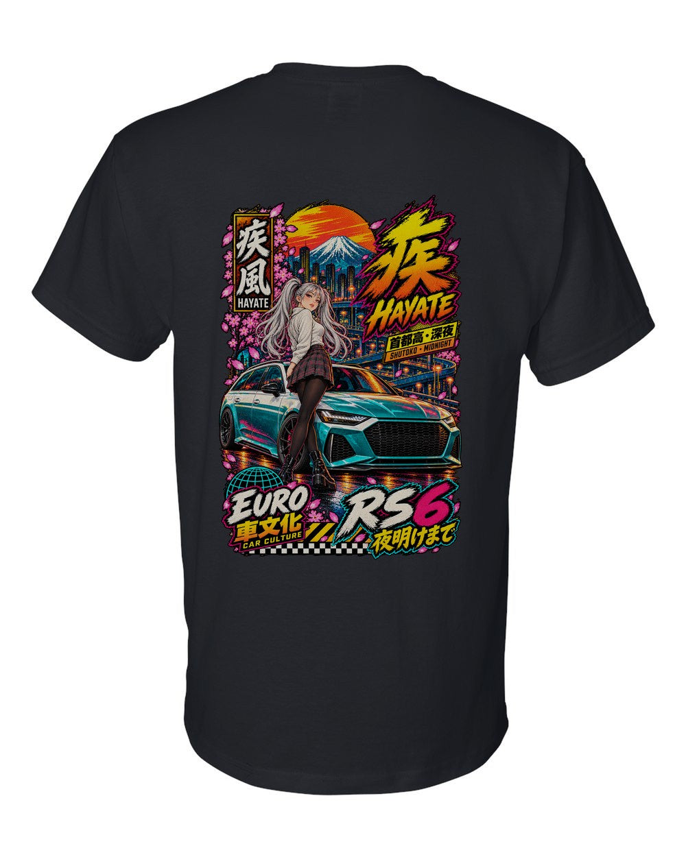HAYATE RS6 full-back artwork black t-shirt back view with the design