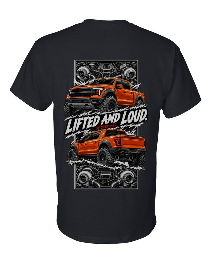 Ford F-150 Raptor torn poster black t-shirt back view with the design