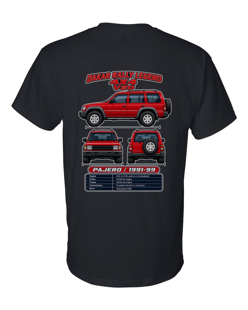 Mitsubishi Pajero spec sheet black t-shirt back view with the design