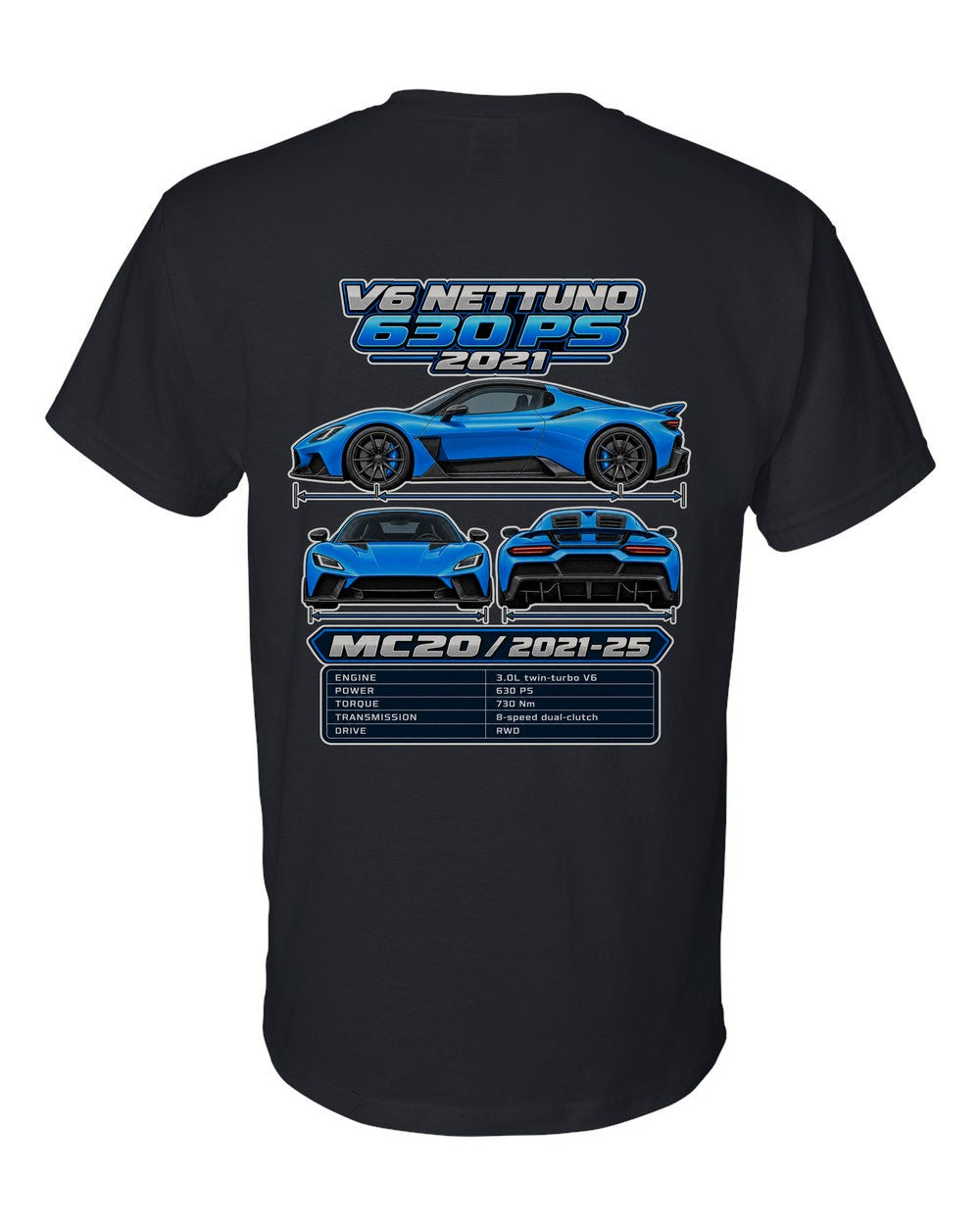 Maserati Mc20 spec sheet black t-shirt back view with the design