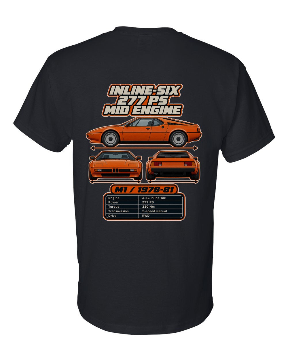 BMW M1 spec sheet black t-shirt back view with the design