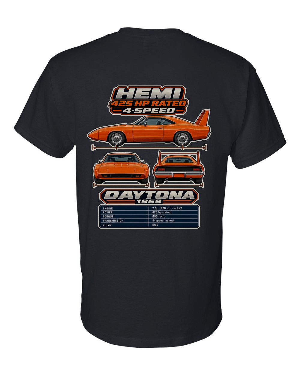 Dodge Charger Daytona spec sheet black t-shirt back view with the design