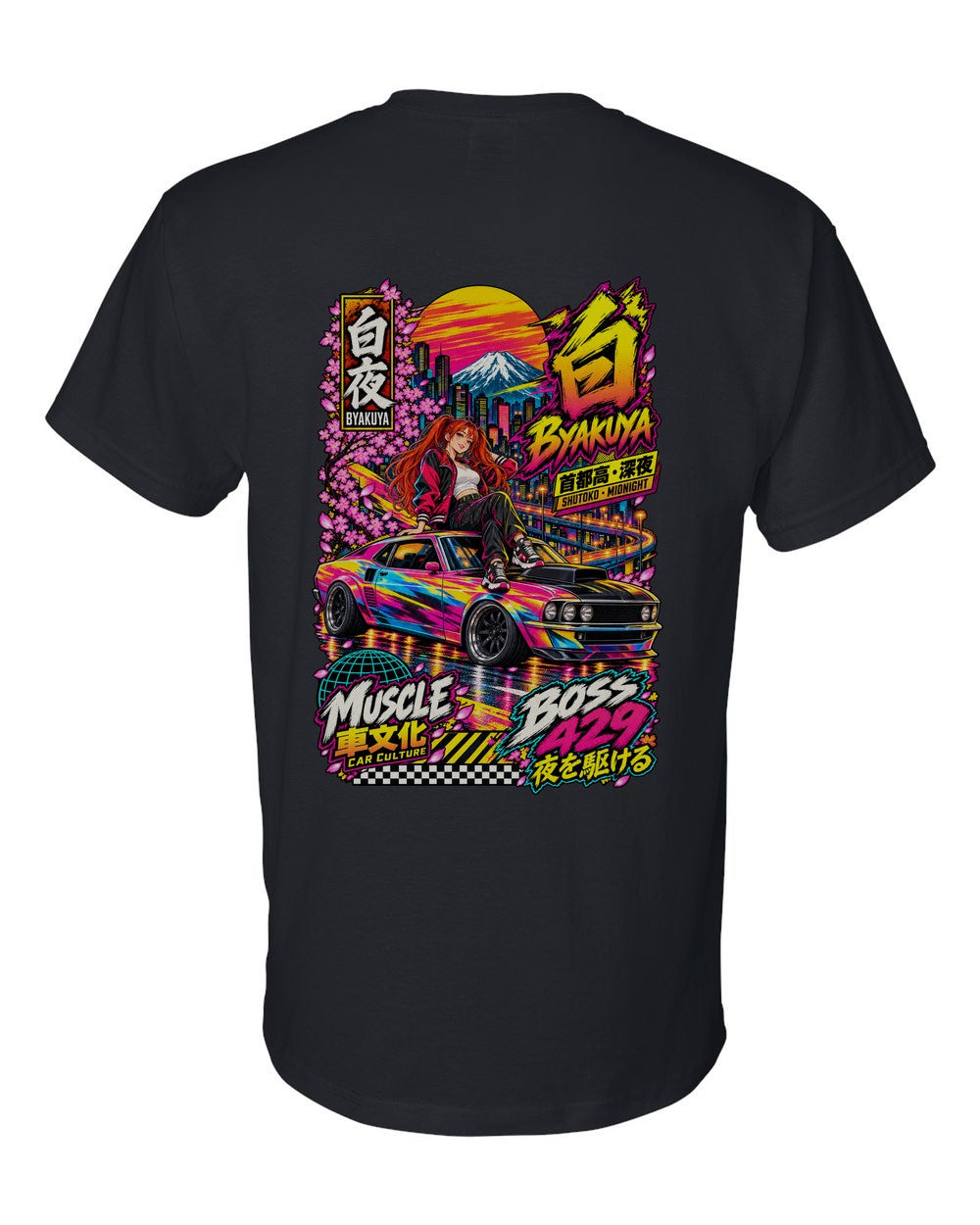 BYAKUYA BOSS 429 full-back artwork black t-shirt back view with the design