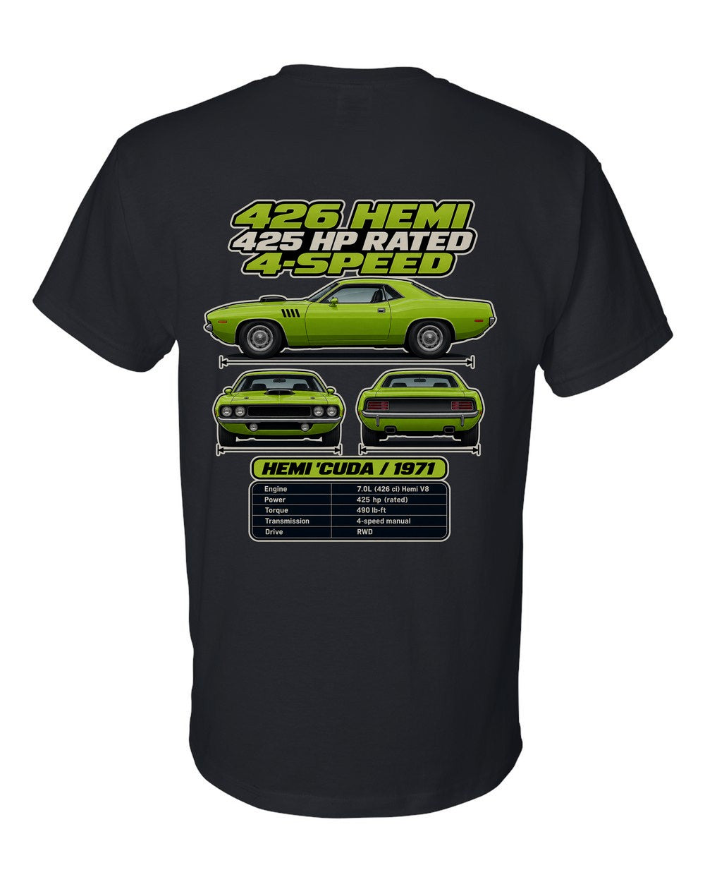 Plymouth Hemi Cuda 1971 spec sheet black t-shirt back view with the design