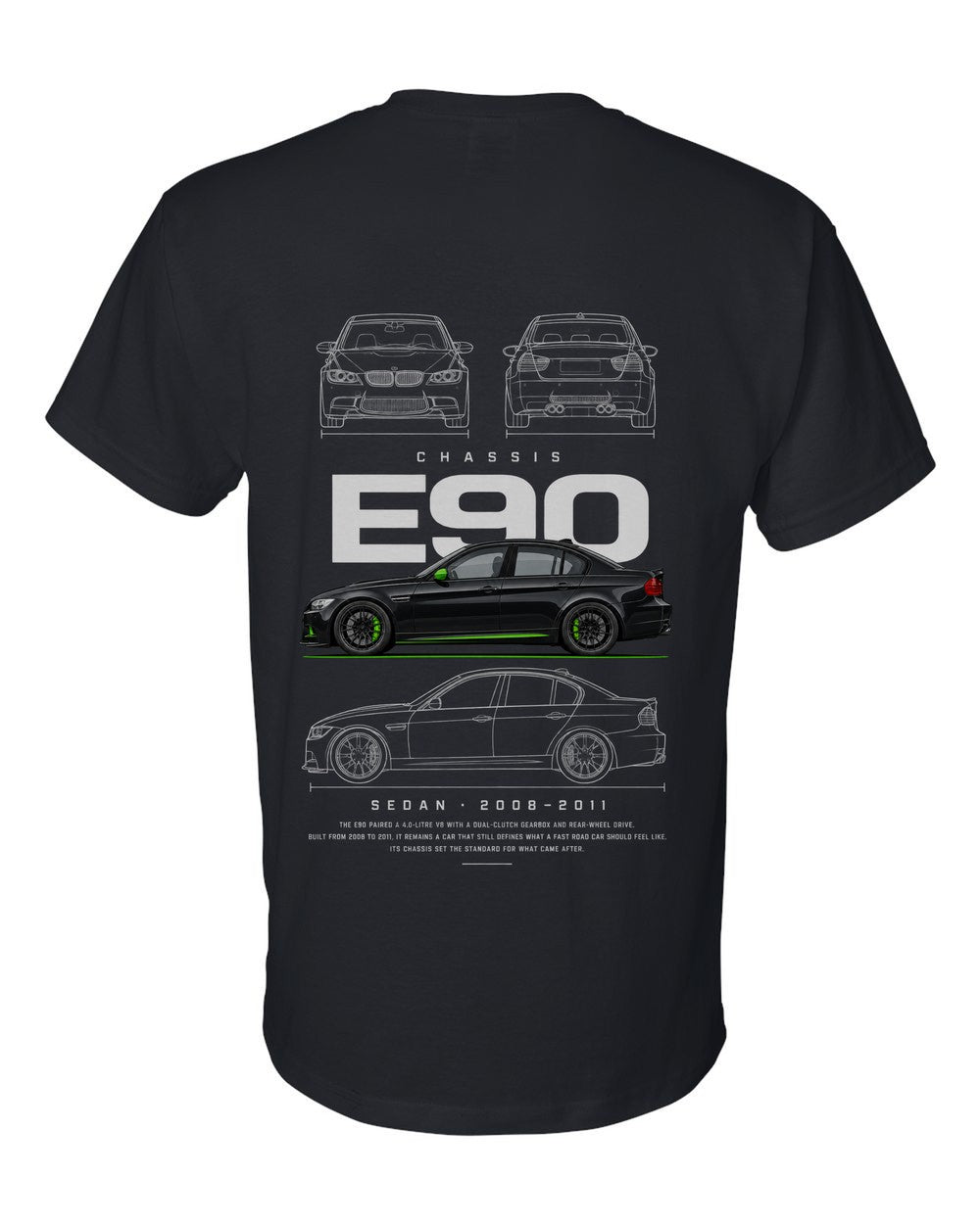 E90 full-back artwork black t-shirt back view with the design