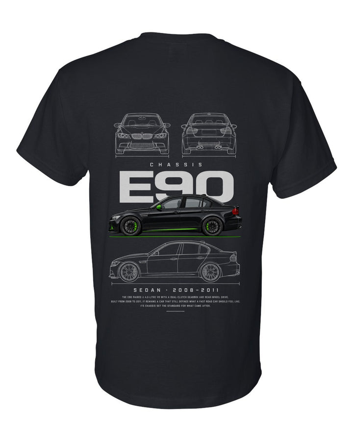 E90 full-back artwork black t-shirt back view with the design