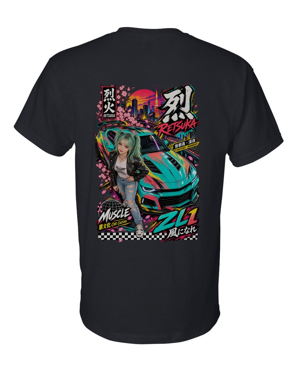 RETSUKA ZL1 full-back artwork black t-shirt back view with the design