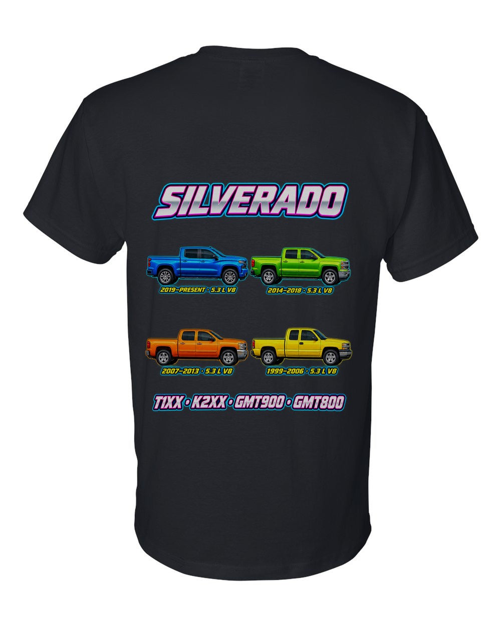 Chevy Silverado evolution poster black t-shirt back view with the design