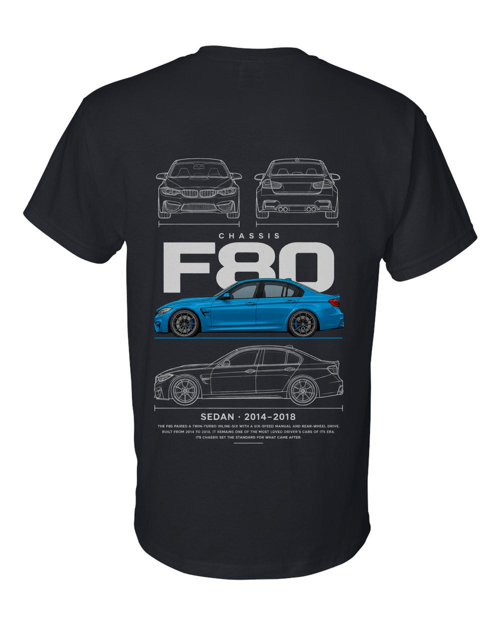 F80 full-back artwork black t-shirt back view with the design