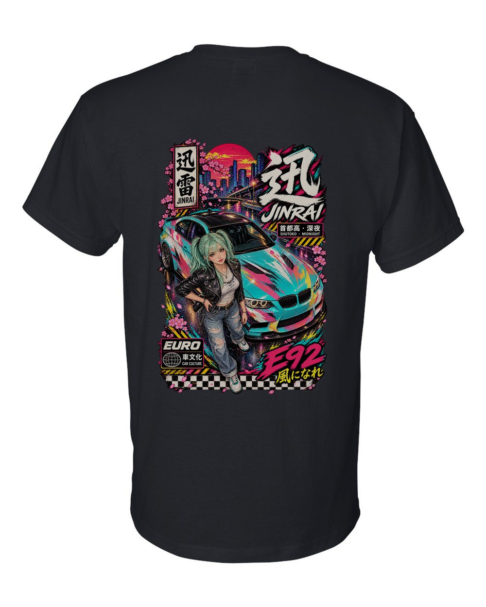 JINRAI E92 full-back artwork black t-shirt back view with the design