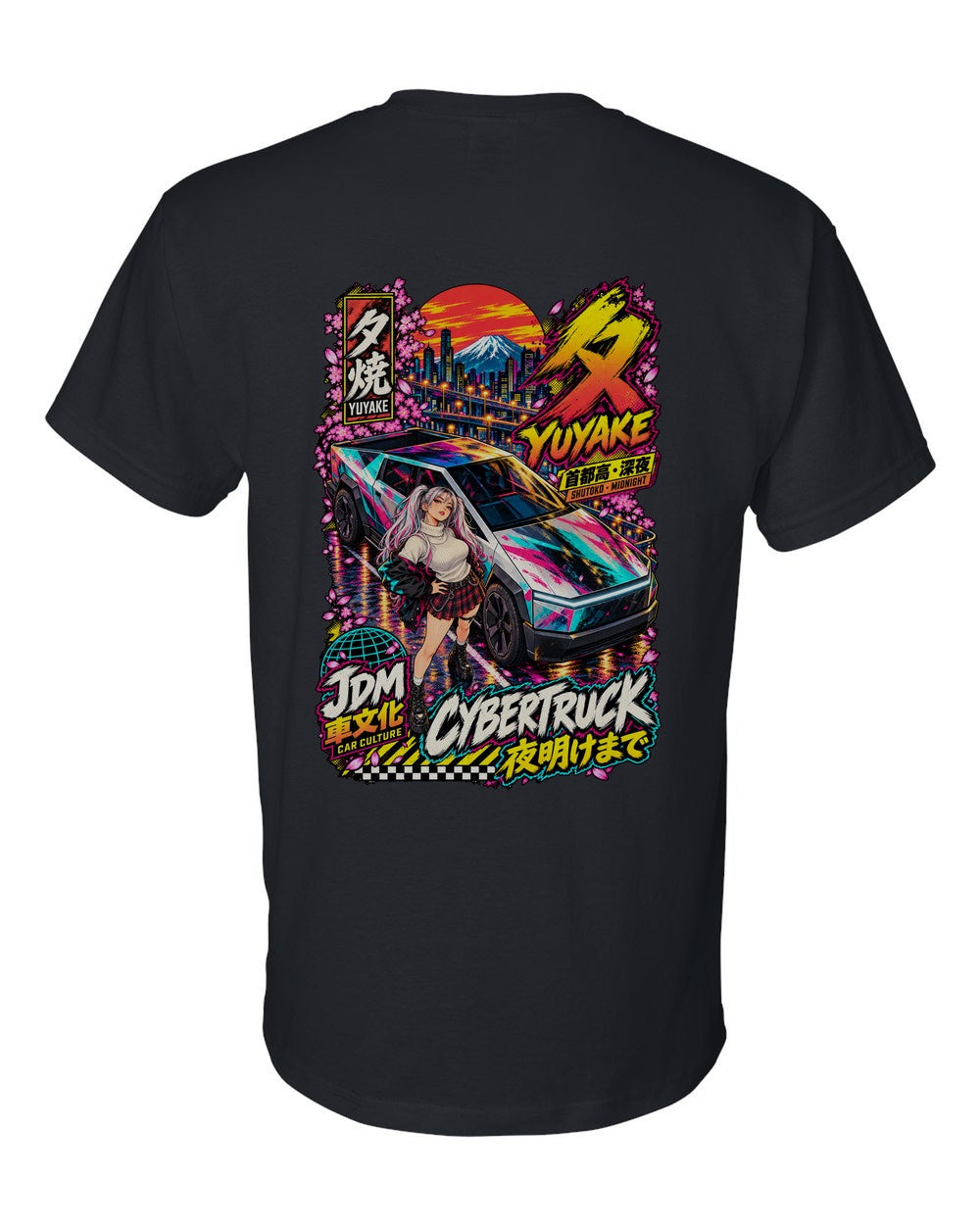 YUYAKE CYBERTRUCK full-back artwork black t-shirt back view with the design