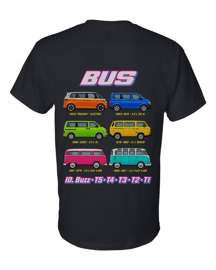 VW Bus evolution poster black t-shirt back view with the design