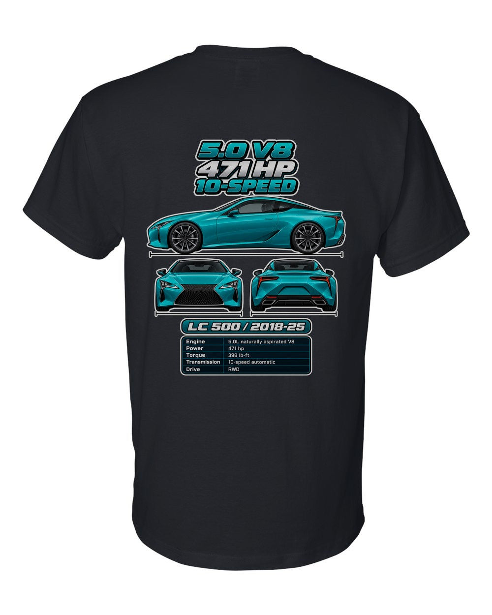 Lexus Lc 500 spec sheet black t-shirt back view with the design