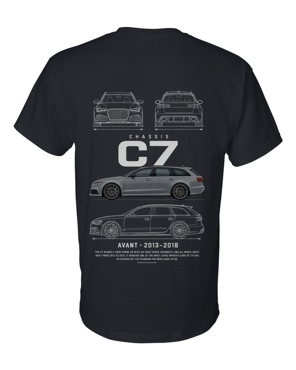 C7 full-back artwork black t-shirt back view with the design