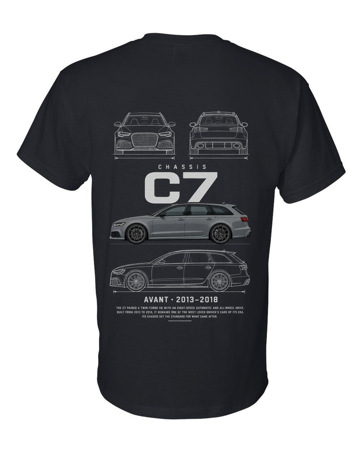 C7 full-back artwork black t-shirt back view with the design