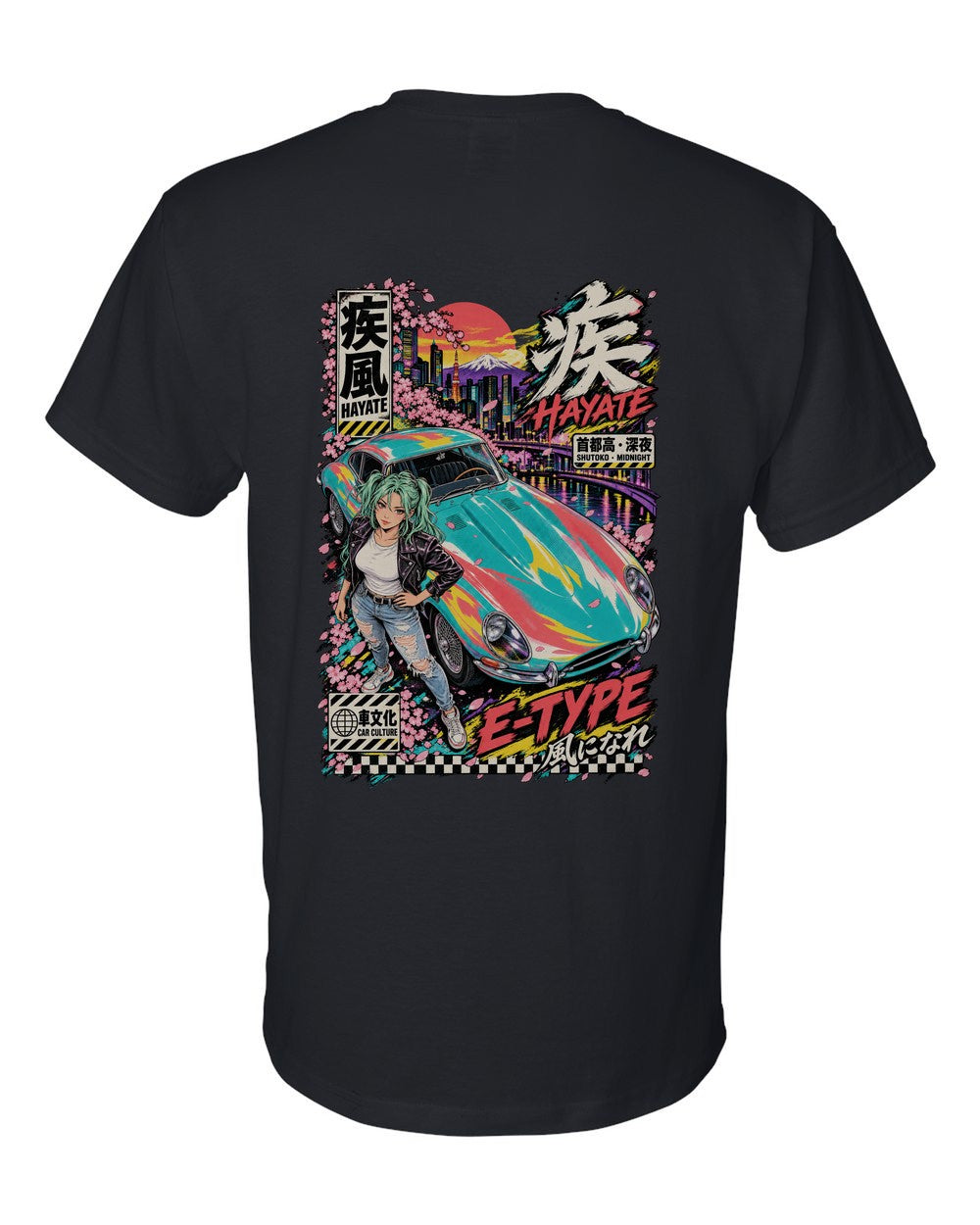 HAYATE E-TYPE full-back artwork black t-shirt back view with the design