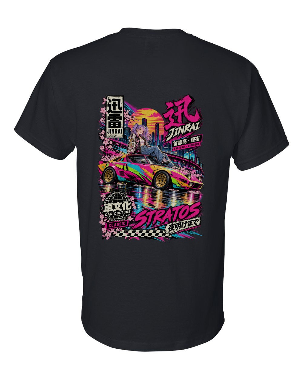 JINRAI STRATOS full-back artwork black t-shirt back view with the design
