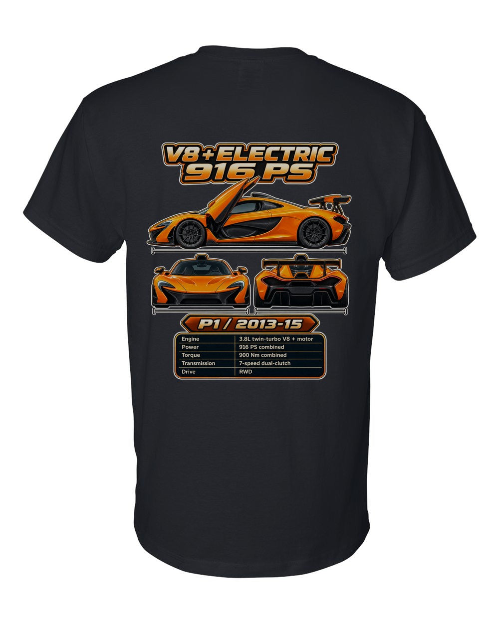 Mclaren P1 spec sheet black t-shirt back view with the design