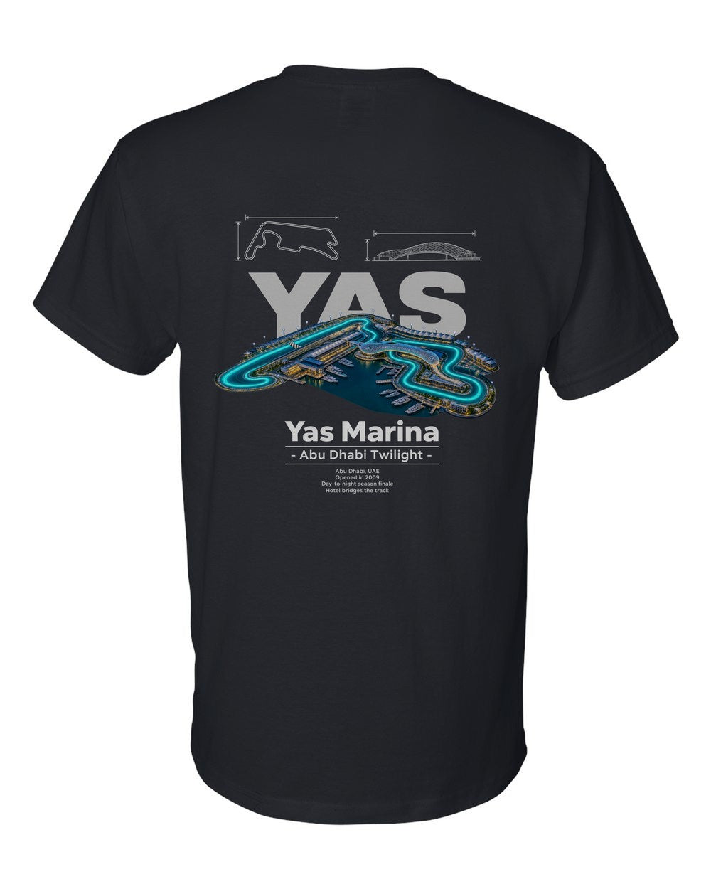 Yas Marina black t-shirt back view with the design