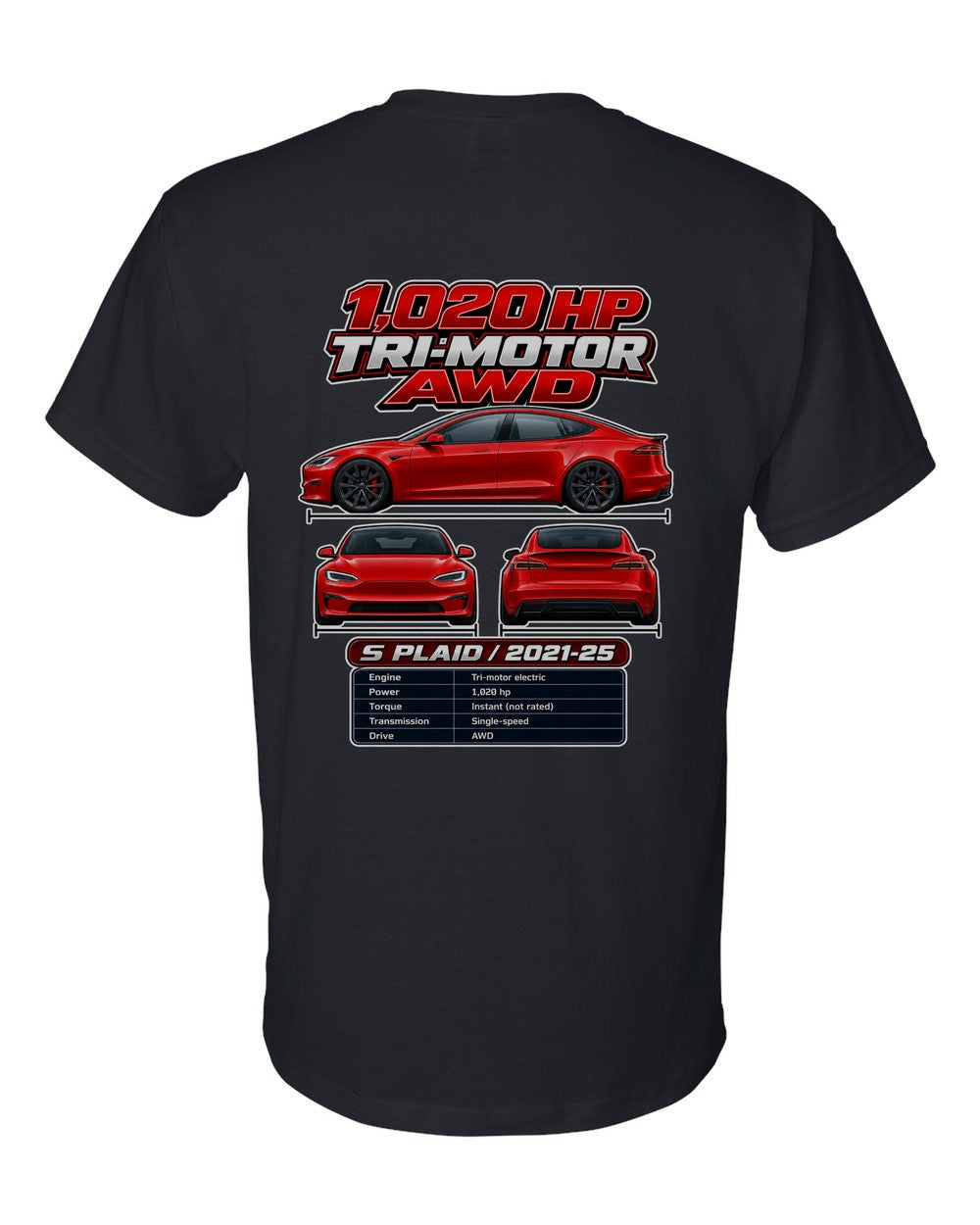 Tesla Model S Plaid spec sheet black t-shirt back view with the design