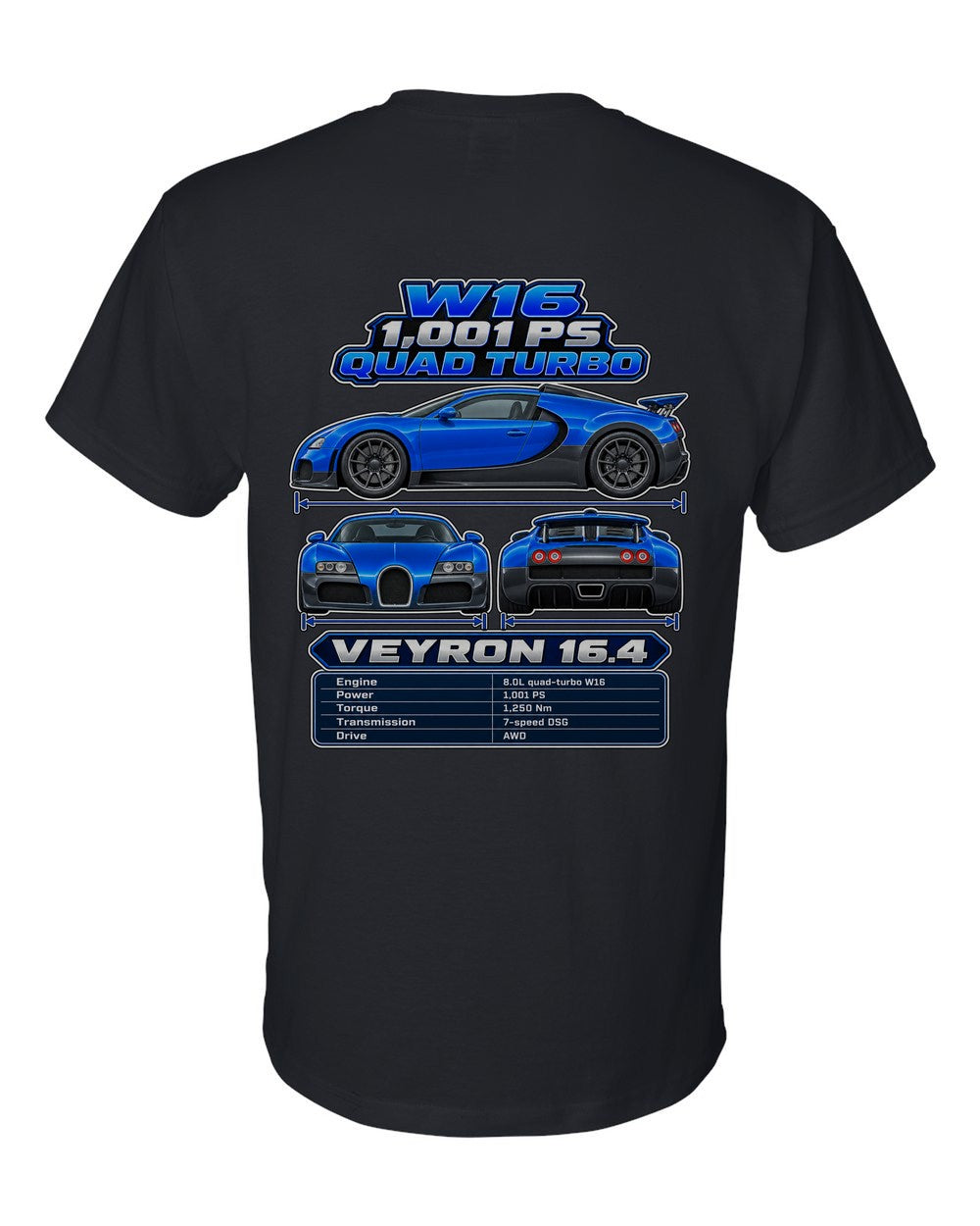 Bugatti Veyron 164 spec sheet black t-shirt back view with the design