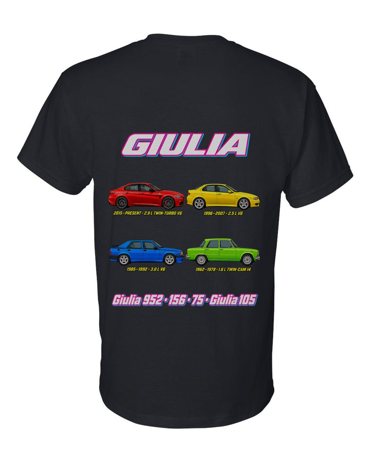 Alfa Giulia evolution poster black t-shirt back view with the design