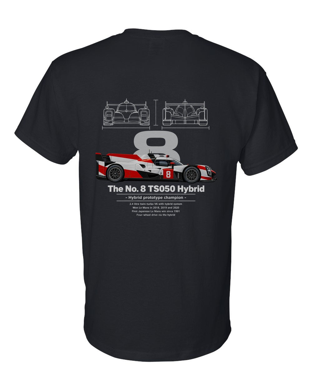 No. 8 TS050 Hybrid black t-shirt back view with the design