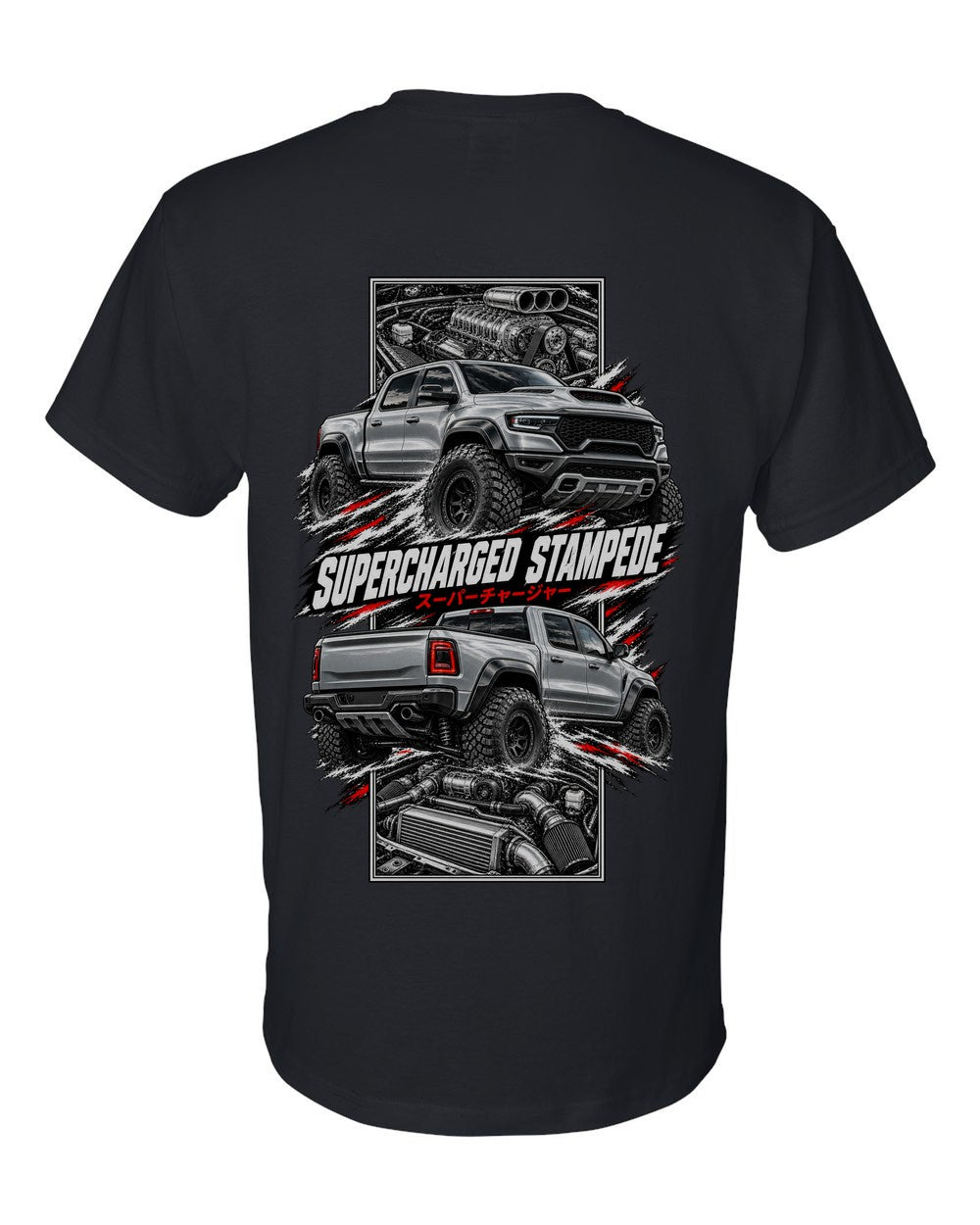 RAM 1500 Trx torn poster black t-shirt back view with the design