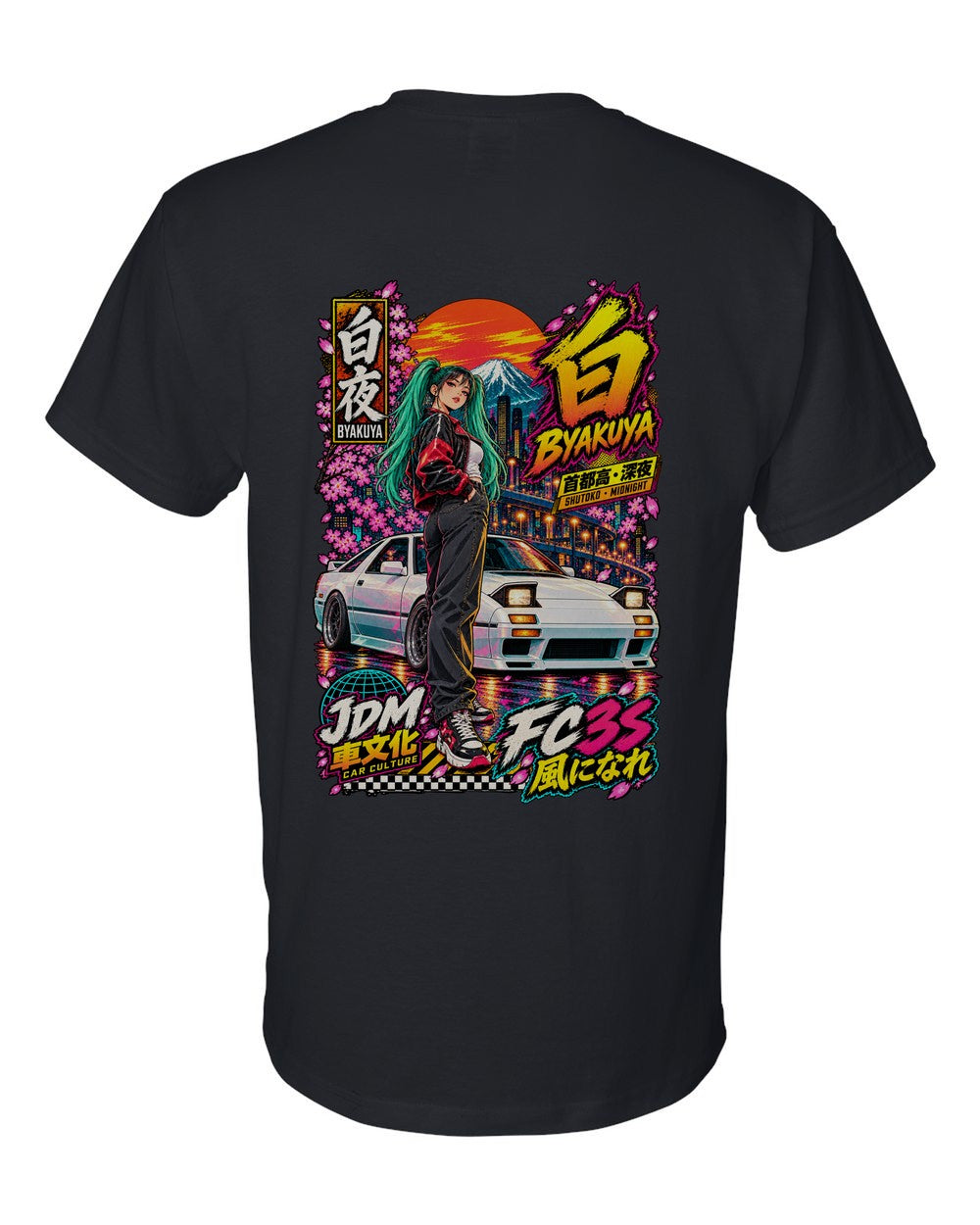 BYAKUYA FC3S full-back artwork black t-shirt back view with the design