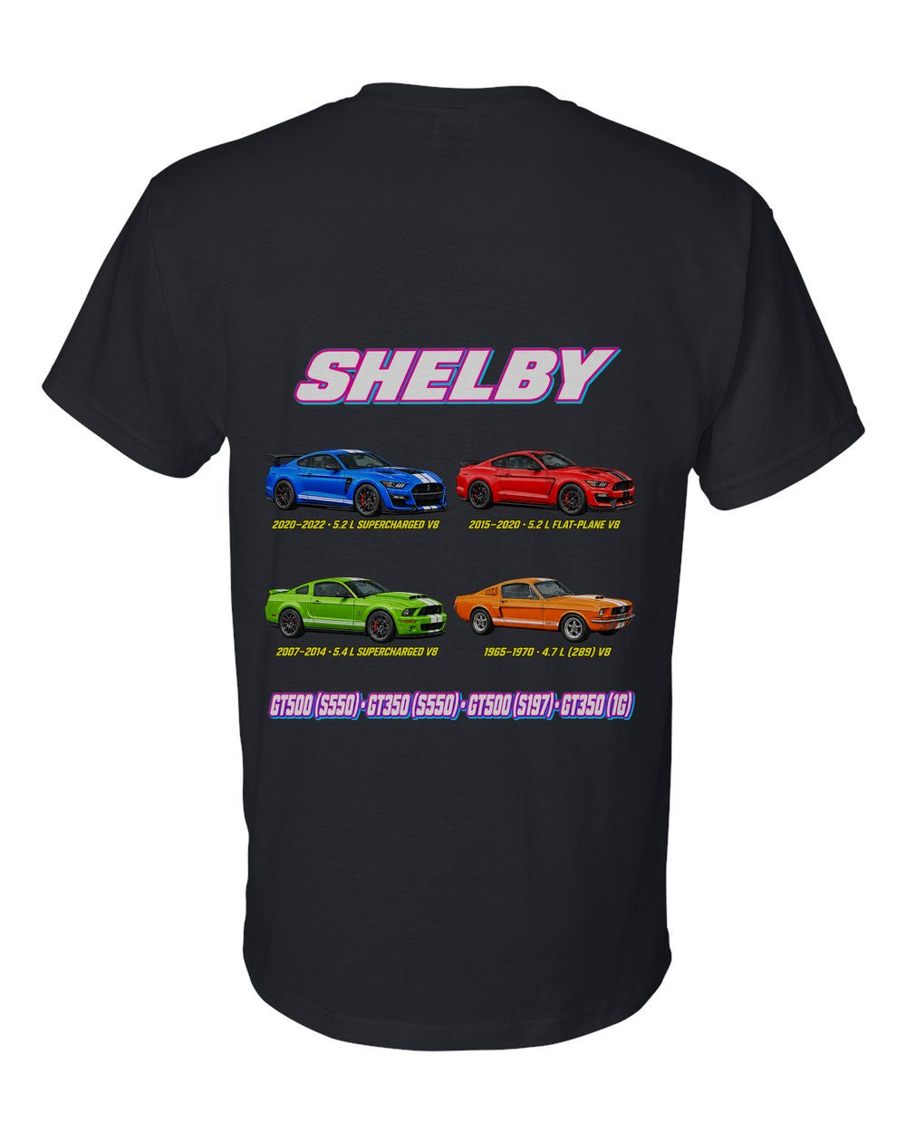 Shelby Mustang evolution poster black t-shirt back view with the design