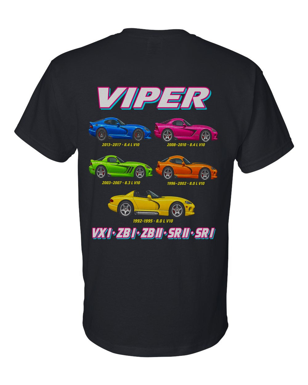 Dodge Viper evolution poster black t-shirt back view with the design