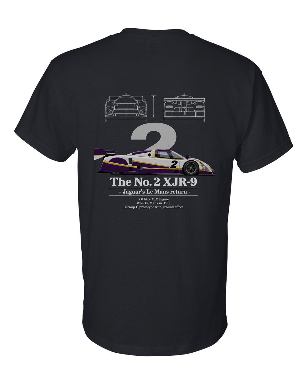 No. 2 XJR-9 black t-shirt back view with the design