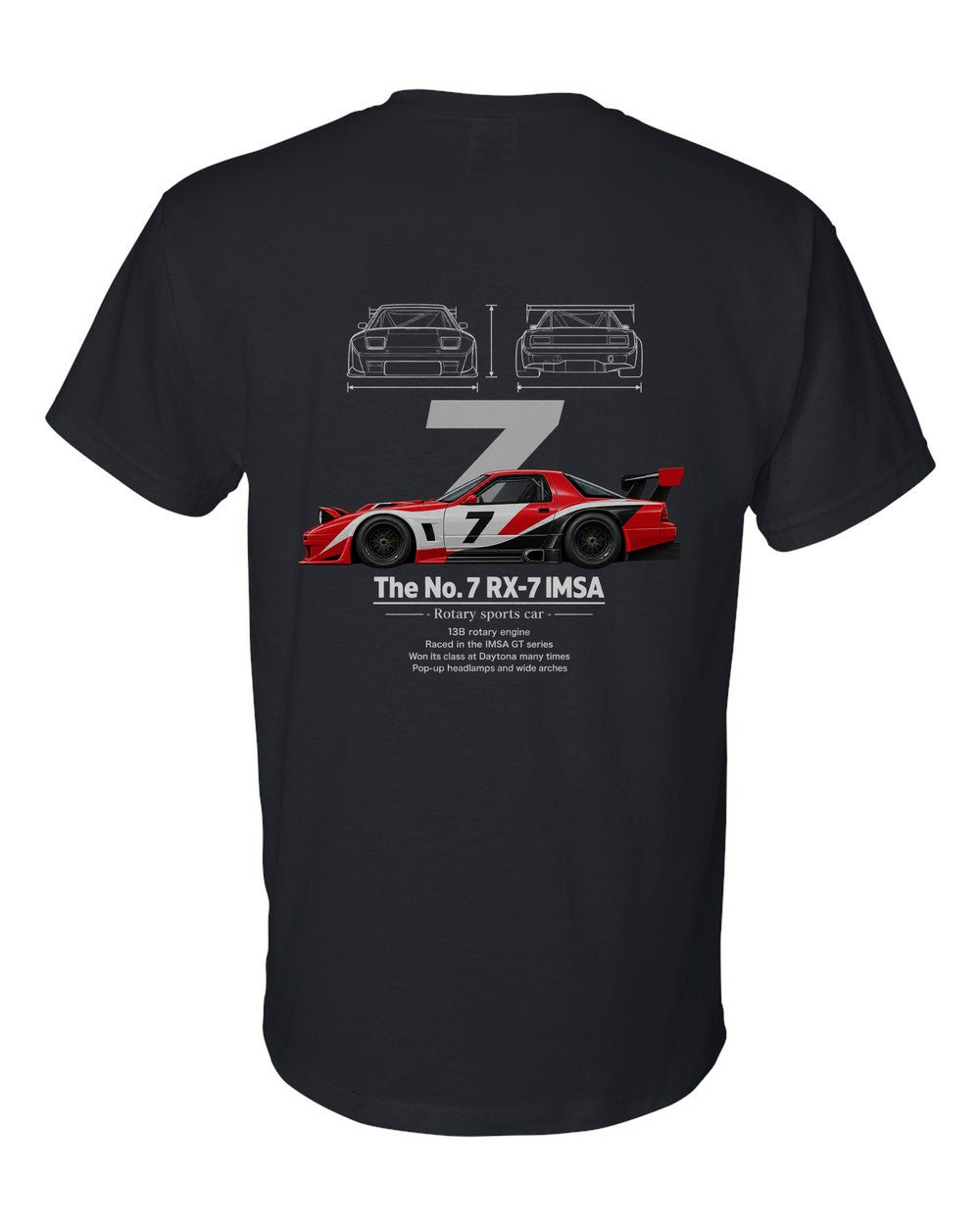 No. 7 RX-7 IMSA black t-shirt back view with the design