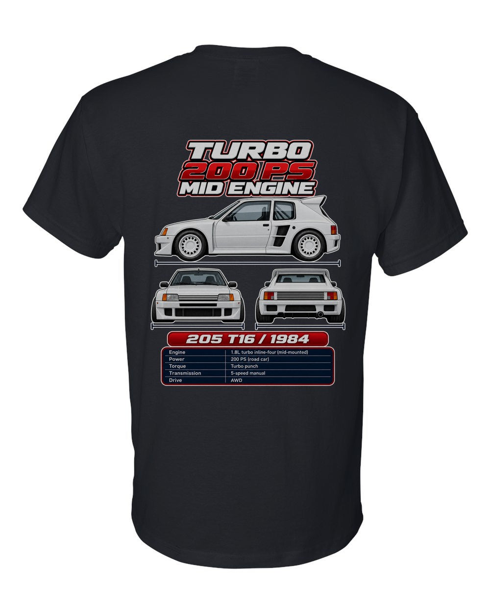 Peugeot 205 Turbo 16 spec sheet black t-shirt back view with the design