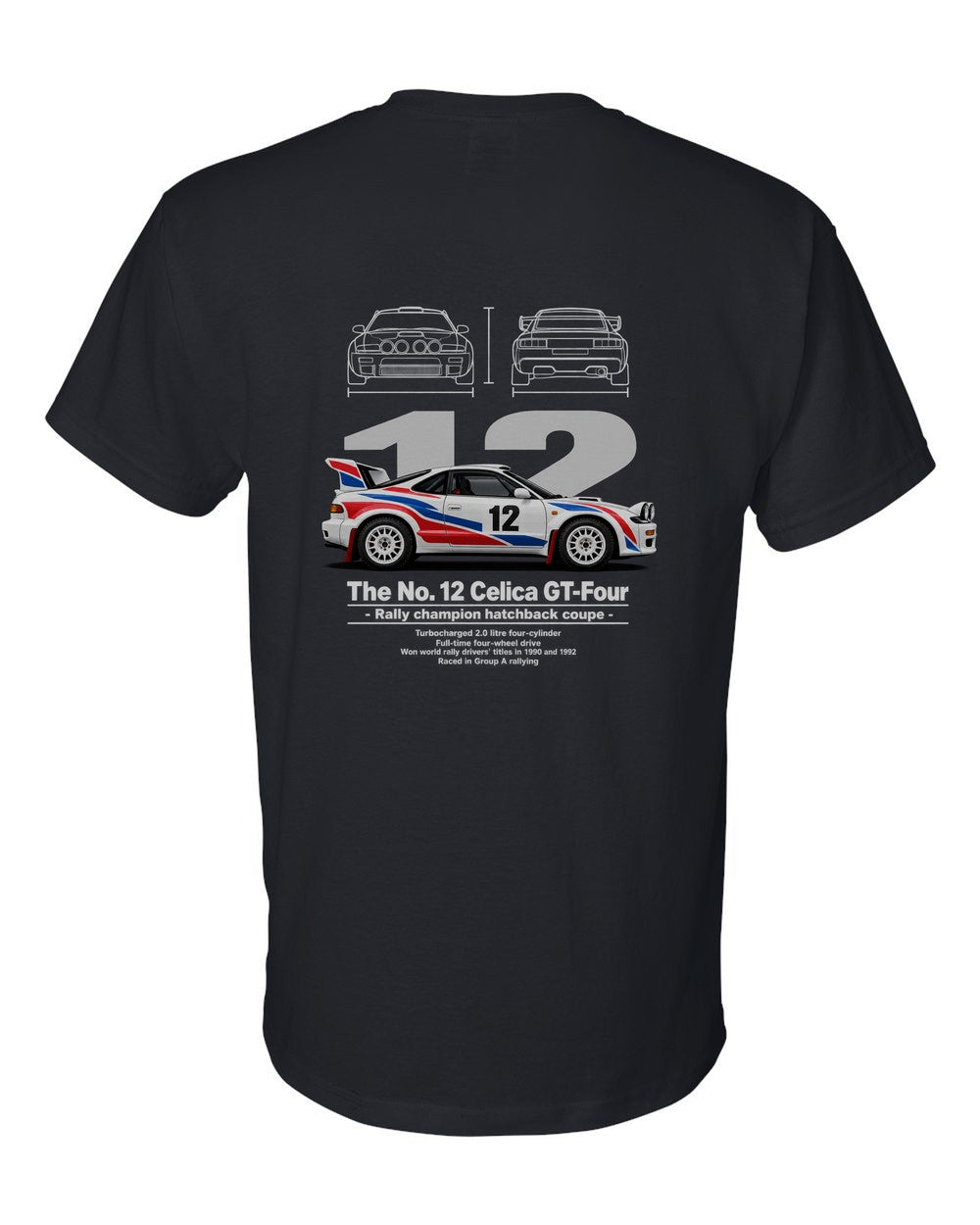 No. 12 Celica GT-Four black t-shirt back view with the design