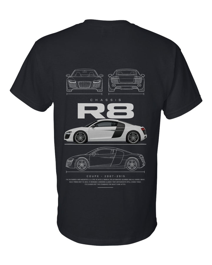 R8 full-back artwork black t-shirt back view with the design