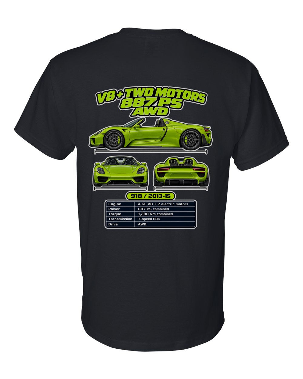 Porsche 918 Spyder spec sheet black t-shirt back view with the design