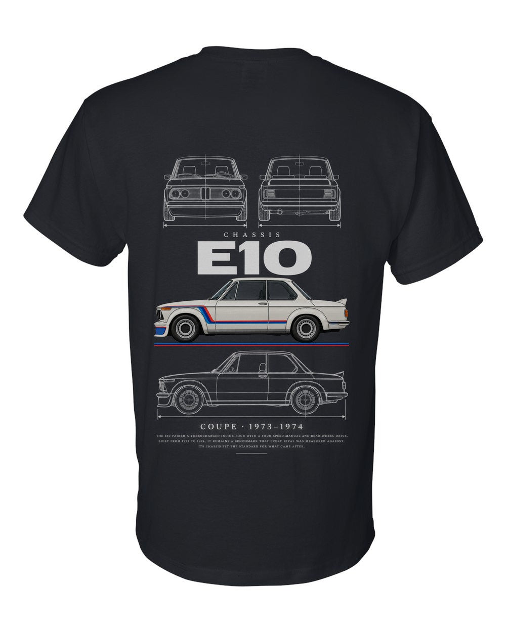 E10 full-back artwork black t-shirt back view with the design