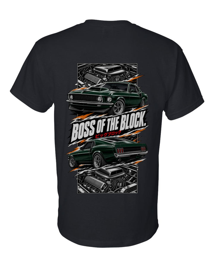 Ford Mustang Boss 429 torn poster black t-shirt back view with the design