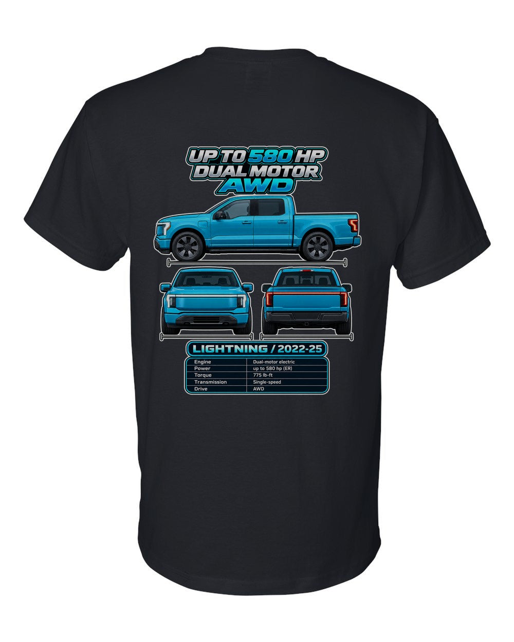 Ford F 150 Lightning spec sheet black t-shirt back view with the design