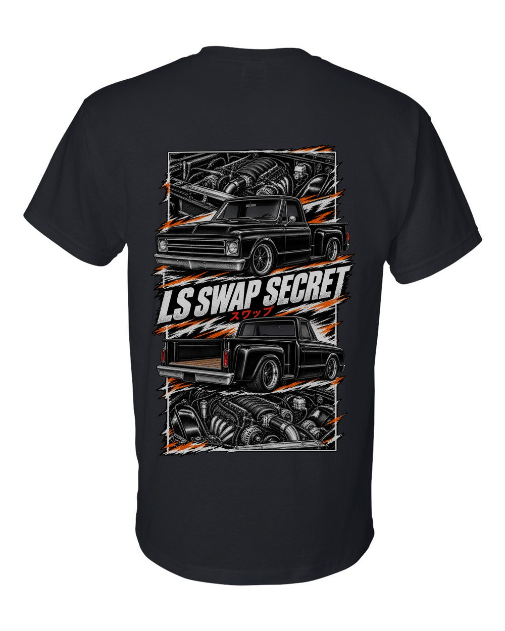 Chevy C10 LS Swap torn poster black t-shirt back view with the design