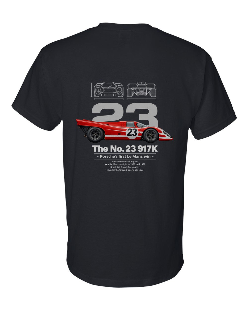 No. 23 917K black t-shirt back view with the design