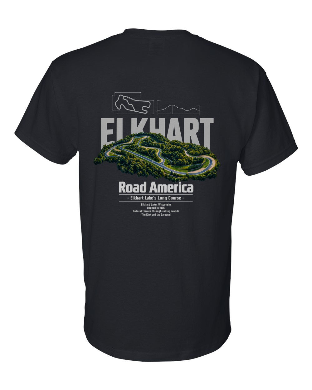 Road America black t-shirt back view with the design