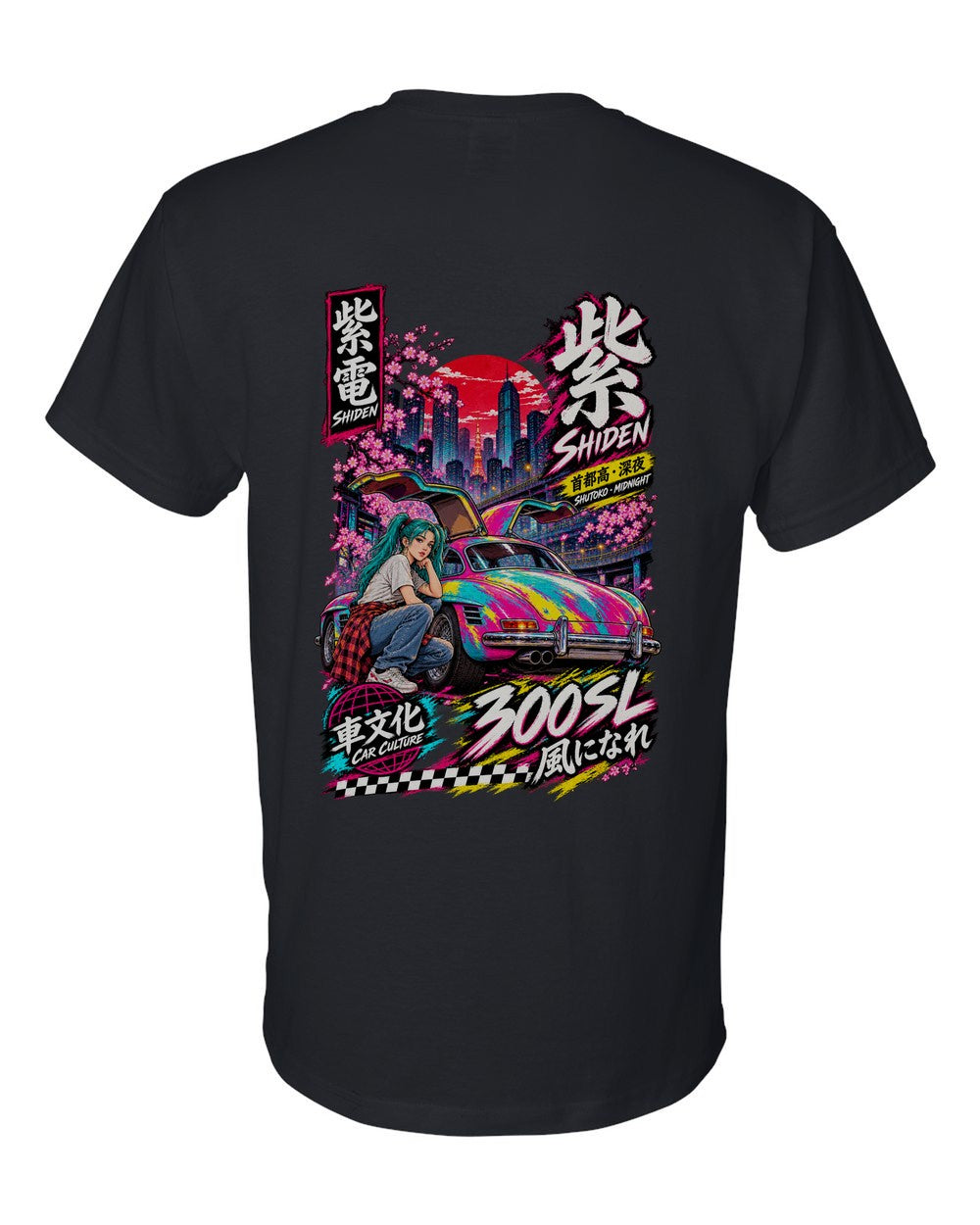SHIDEN 300SL full-back artwork black t-shirt back view with the design