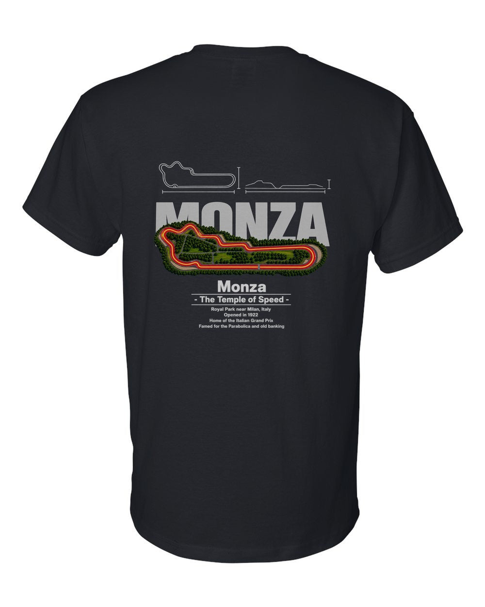Monza black t-shirt back view with the design
