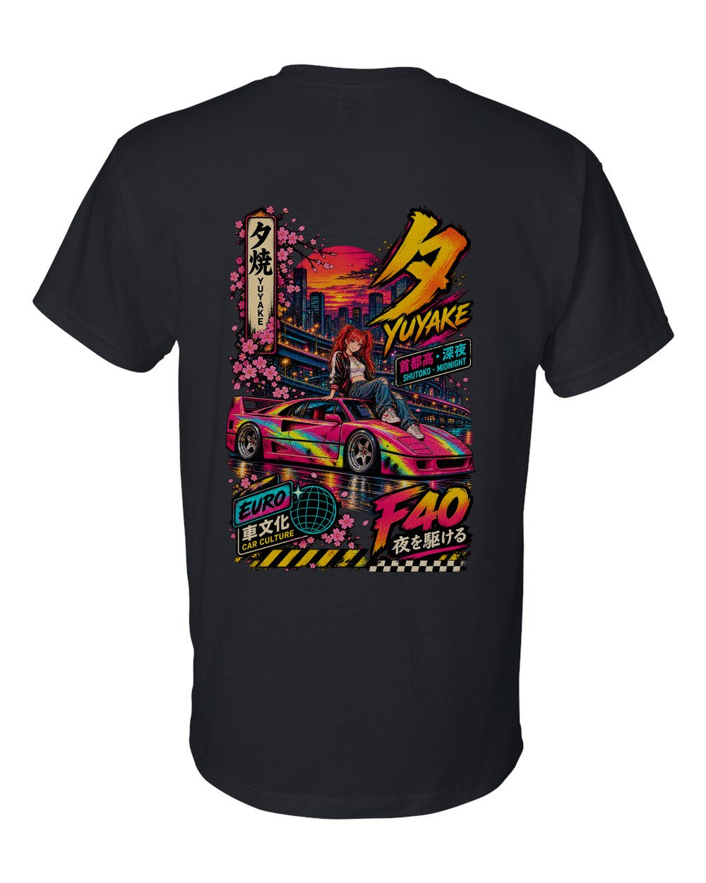 YUYAKE F40 full-back artwork black t-shirt back view with the design