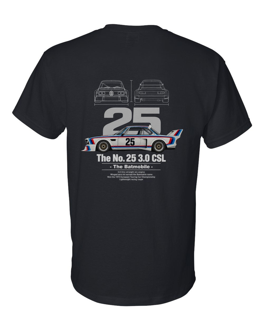 No. 25 3.0 CSL black t-shirt back view with the design