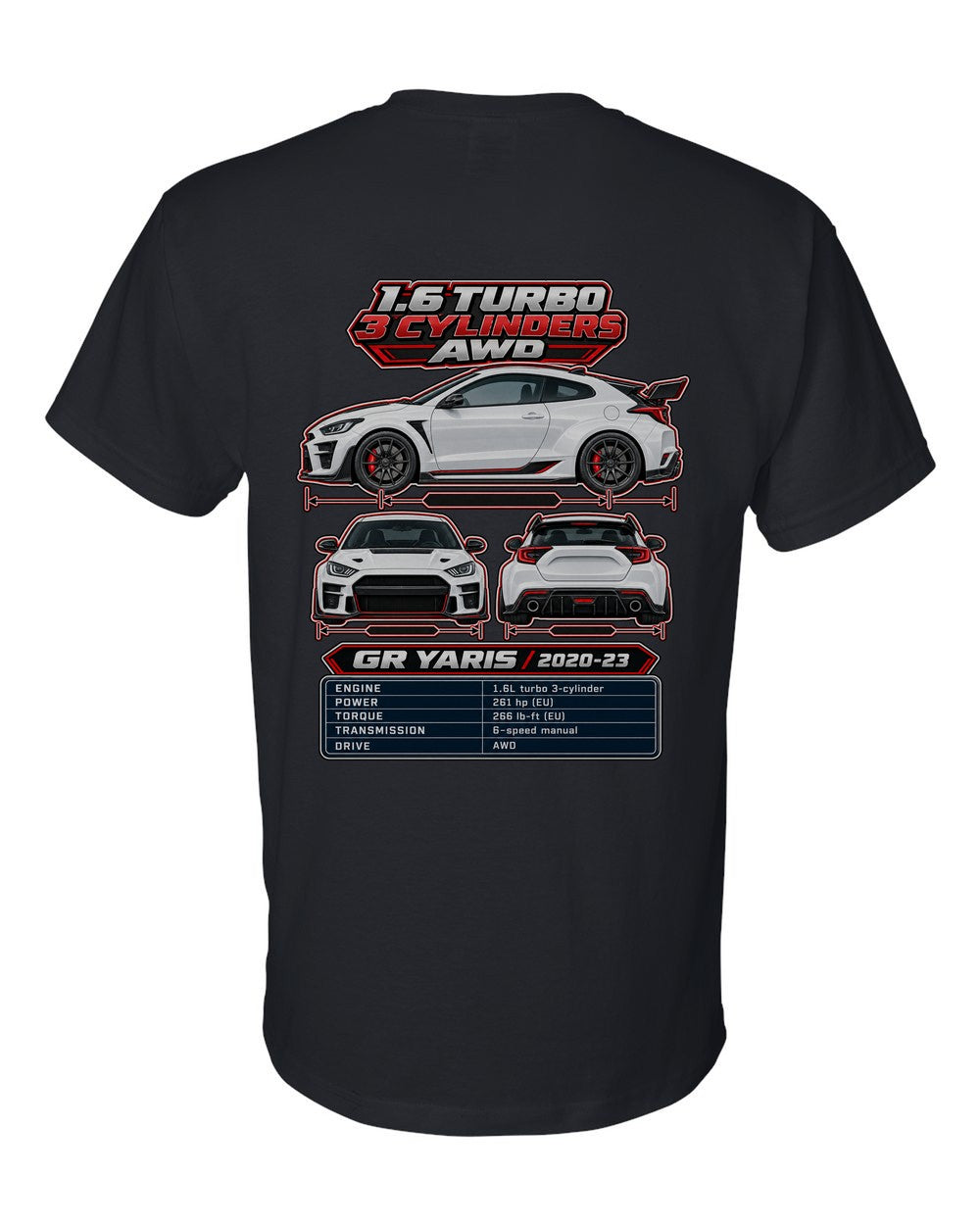 Toyota GR Yaris spec sheet black t-shirt back view with the design